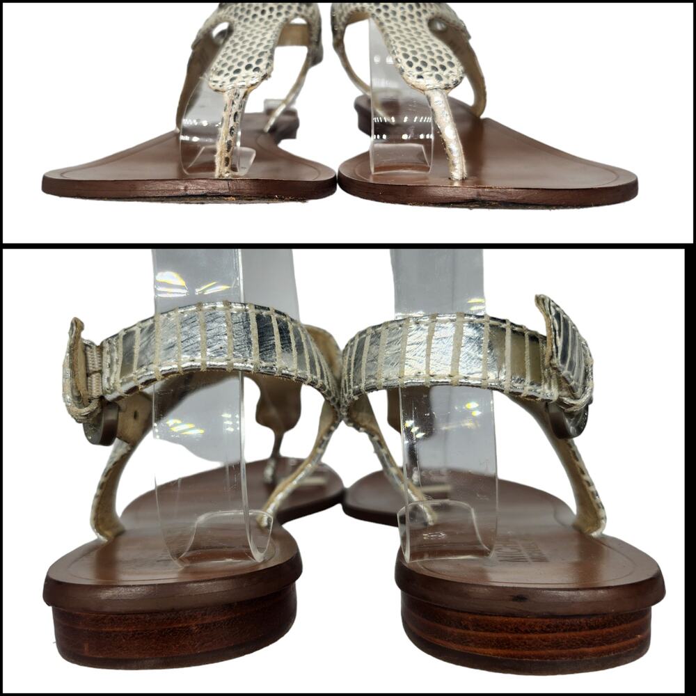 Michael Kors Shoes Womens 6 Silver Metallic Shiny Sandals Thong Ankle Strap - Picture 6 of 12